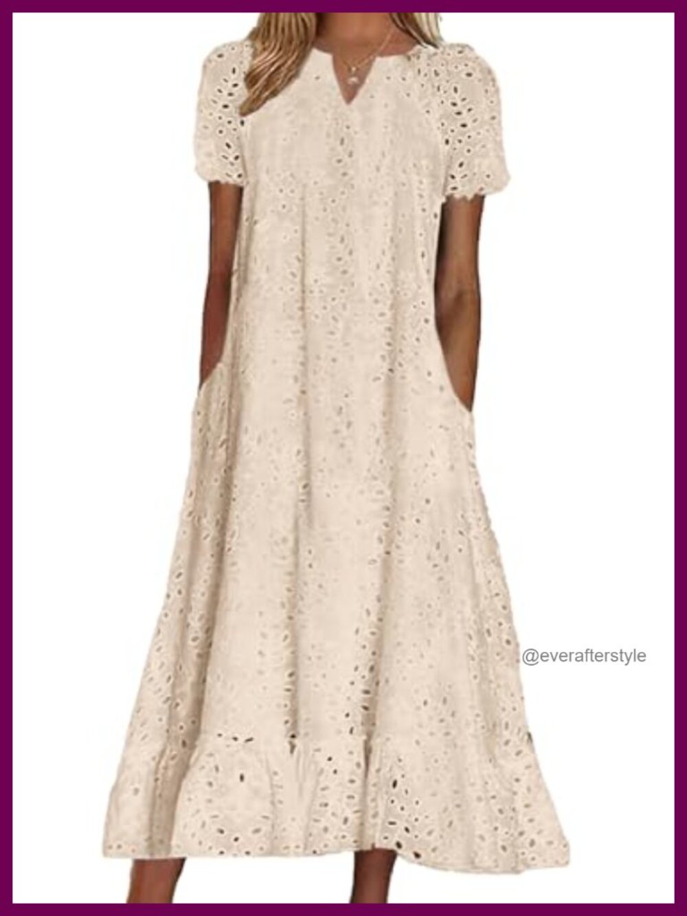 Women Eyelet Lace Dress Ruffle Hem Midi Tunic with Pockets